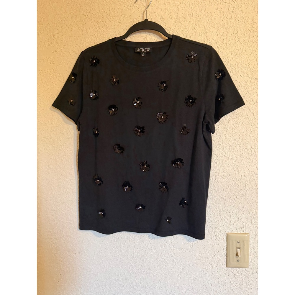 J.Crew Womens Black Cotton 3D Floral Sequin Rhinestone‎ Embellished T-Shirt Sz S
